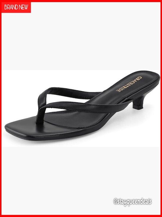 Women Sexy Kitten Heels Flip Flops Square Toe Thong Heeled  Women\'s Square Toe Thong Sandals with Kitten Heels Slip On Summer Dress Sandals